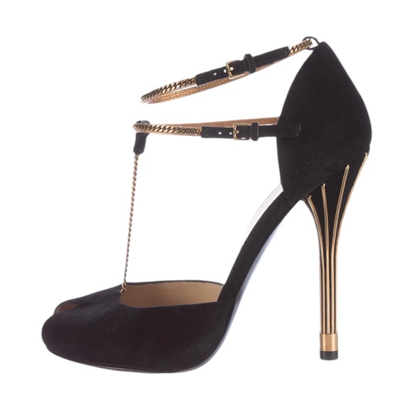 Gucci Mila Gold Chain Ophelie suede leather peeptoe pumps heels Size 38 - Picture 16 of 16